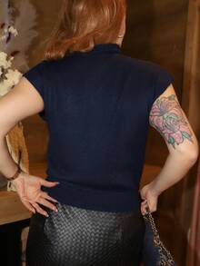 Gretanique 优雅高领宽松休闲百搭秋冬无袖针织毛衣背心 - 藏蓝色 - 查看 2