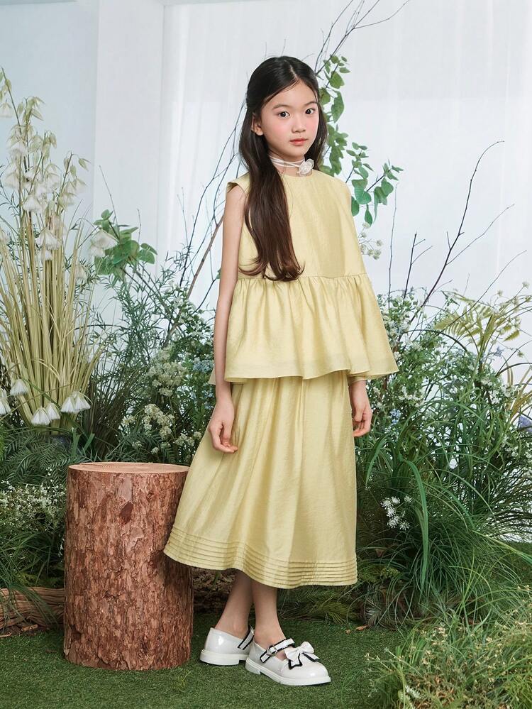 Tween Girl Solid Color Round Neck Ruffle Hem Shirt And Mini Skirt Cute Set