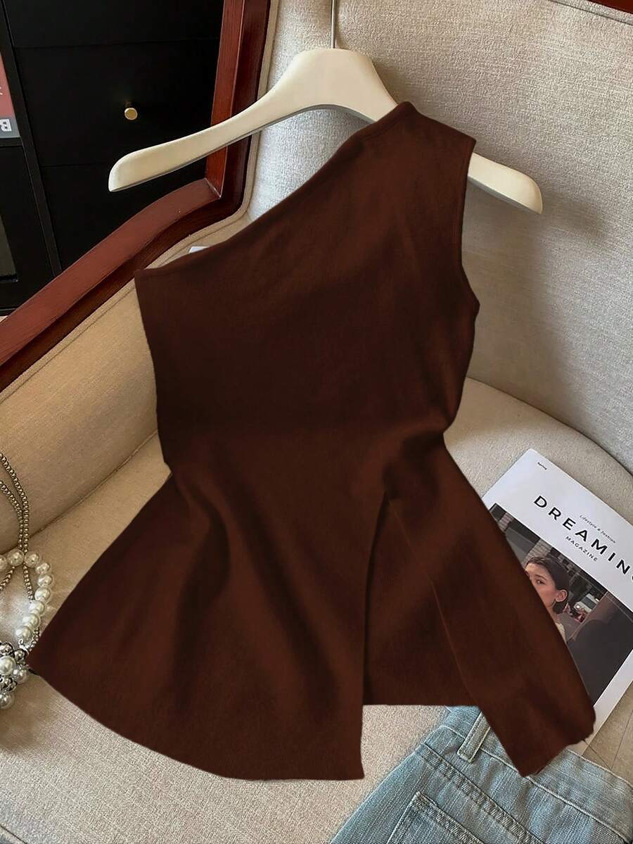 GlowEve CURVE Women's Plain Brown Knitted Asymmetrical Neck Ruffle Hem Tank Top Plus Size - Brown - View 1