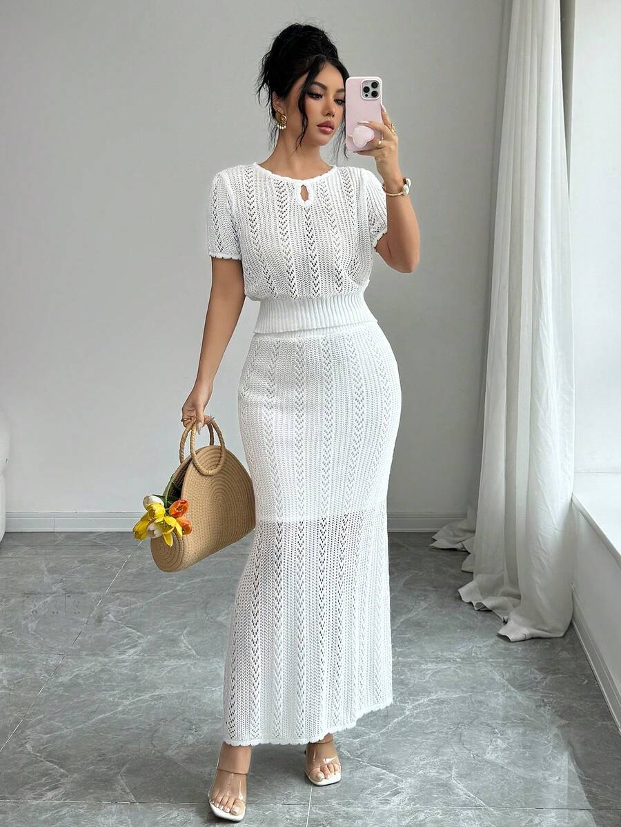 Elenzga Women's Spring/Summer New Round Neck Hollow Out Fitted Regular Elastic Waist Long Skirt Set, Elegant High-End Everyday Commute Knit Two Pieces Suit - White - View 1