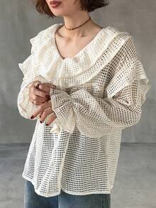 FRIFUL 女士透视网纱荷叶边领口袖口宽松休闲百搭衬衫，蜜桃色，宽松荷叶边下摆衬衫，可爱夏季上衣，春夏长袖上衣 - 杏色 - 查看 3