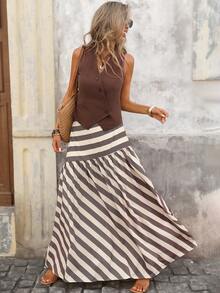 Brillora 女士宽松A字条纹印花休闲半身裙，适合春夏外出和度假 - 彩色 - 查看 6