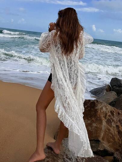 Livesso Spring & Summer Ditsy Floral Chiffon Dress, Elegant Slim Fit Waist Casual Beach Vacation Dress, Sheer Mesh Patchwork Fishtail Hem Dress With Floral Pattern