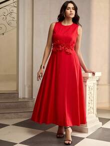 ZEYLAH Sleeveless Linen Dress With 3D Floral Decor, Suitable For Spring/Summer Vacation - Red - View 6