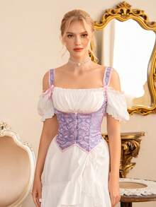 1pc Women Embroidered Lace-Up Bustier Top - Purple - View 1