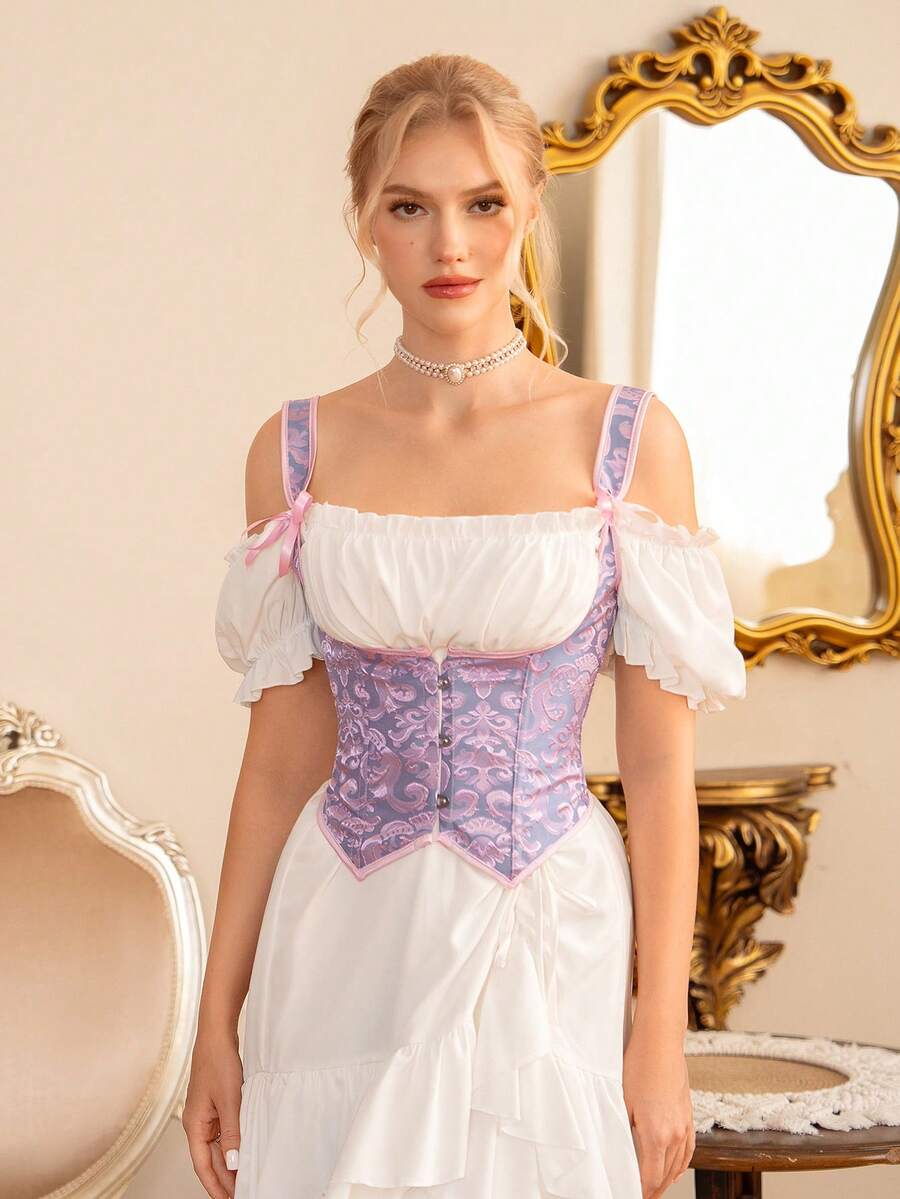 1pc Women Embroidered Lace-Up Bustier Top - Purple - View 1