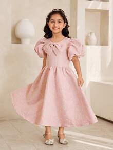 Glamorique Kids Pink Summer Traditional Wedding Young Girl Elegant Jacquard Puff Sleeve Bow Tie Neck Dress,Princess Princess Dress For Performance,Holiday Party - Pink - View 1