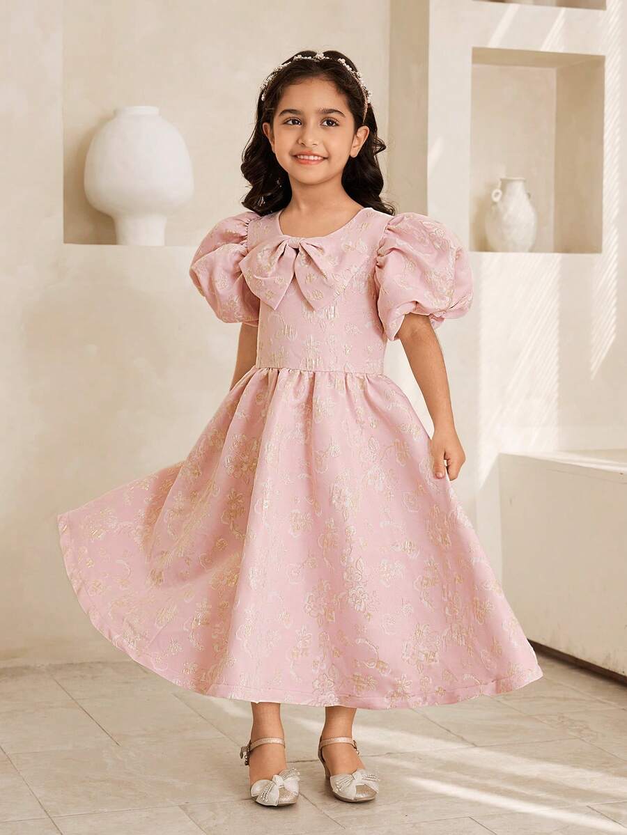 Glamorique Kids Pink Summer Traditional Wedding Young Girl Elegant Jacquard Puff Sleeve Bow Tie Neck Dress,Princess Princess Dress For Performance,Holiday Party - Pink - View 1