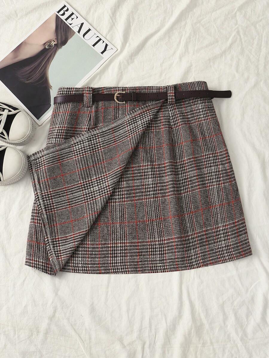 Flirla Plus Size Women Houndstooth Asymmetric Hem Mini Skirt With Belt,Pink And Grey,Autumn,2000's,Everyday,Back-To-School,Plaid Wrap Checkered Skirts - Coffee Brown - View 1
