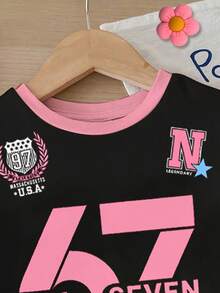 SHEIN 2件套女婴休闲时尚数字67印花套装，街头风、运动风、朋克风、撞色设计，时尚针织面料，圆领短袖T恤和打底裤，适合春夏穿着 - 彩色 - 查看 4