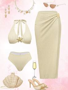 Swim Oasis 3pcs/Set Women Sexy Backless Metallic Push-Up Bikini Swimwear With Long Skirt, Elegant Party, Valentine Outfits For Women , Summer Vacation Outfits - Apricot - View 1