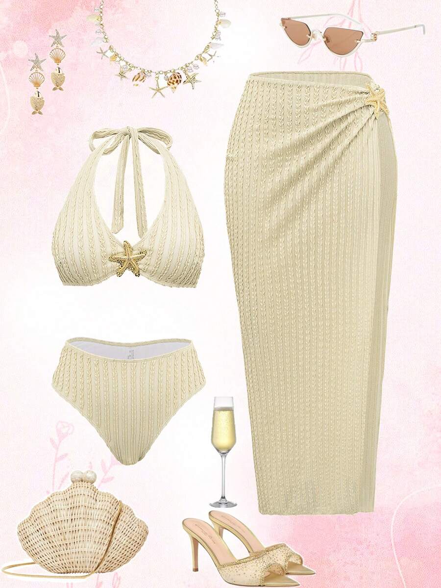 Swim Oasis 3pcs/Set Women Sexy Backless Metallic Push-Up Bikini Swimwear With Long Skirt, Elegant Party, Valentine Outfits For Women , Summer Vacation Outfits - Apricot - View 1