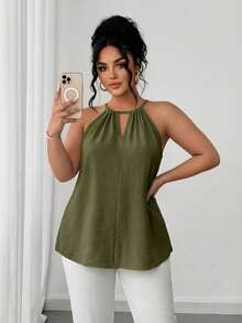 SHEIN LUNE Plus Size Stylish Apricot Spaghetti Strap Casual Loose Slimming Concealing Skirt Sexy Shoulder Strap Chic Ladies Camisole - Army Green - View 4