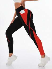 Exploreva Contrast Color High Waist Pocket Fashionable Skinny Leggings - Fiery Red - View 7