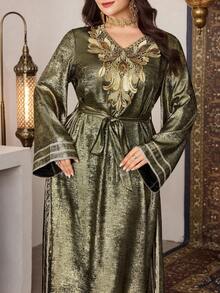 Al Najma 大码女式亮面长袖连衣裙，饰有刺绣串珠花领，适合春秋季日常穿着及聚会场合。 - 金色 - 查看 7