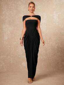 Lumalex 金属装饰胸衣金属网纱垂褶美人鱼裙摆女装 - 黑色 - 查看 3