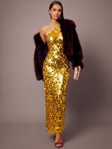 Silquee Sexy Sequin Solid Color Halter Backless Bodycon Dress,Summer Dresses For Women - Gold - View 6