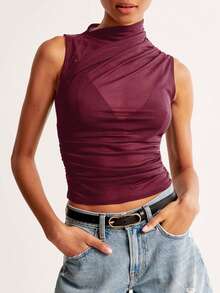 Siren Gaze 网纱荷叶边圆领上衣，网纱透视衬衫，外套上衣，女款 - 酒紅色 - 查看 5