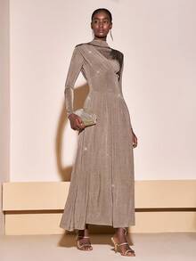 Zivah Winter Spring New, Music Festival, Easter, Western, Nomadic, Birthday Party, Holiday Dress, Party Dress, Elegant Dress For Women, Airport Outfits, Party, Holiday Outing, Elegant Banquet, Ball Gown, Street Fashion, Pleated Decor Fitted Waistline A-Line Midi Dress, Stretchy Knit, Shiny Knit Fabric Elegant Party Dress For Women - Brown - View 2