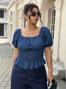 SHEIN ICON Plus Size Solid Color Square Neck Ruched Bust Short Sleeve Denim Blouse - Medium Wash - View 4