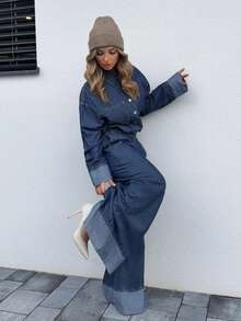 Jeta Ari Women's Casual Washed Wide Leg Denim Jumpsuit, Fall Women Clothes - Navy Blue - View 5