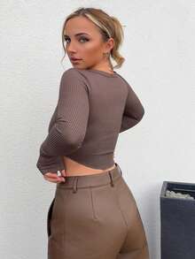 Jeta Ari Áo thun dài tay cài nút màu trơn dành cho nữ, Quần áo mùa thu, Quần áo trở lại trường - Cà phê nâu - Xem 2