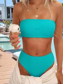 SHEIN Swim Summer Beach Solid Bikini Set Lace Up Back Reversible Tube Bra & High Waisted Bottom 2 Piece Bathing Suit - Mint Blue - View 3