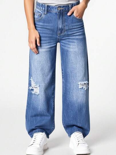Tween Boys Distressed Washed Denim Jeans, Relaxed Fit, Comfortable Cotton, Suitable For Casual Wear, Spring/Autumn