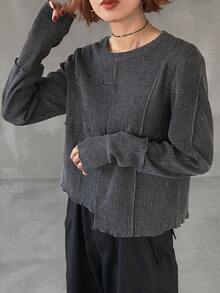 FRIFUL Damska luźna koszulka typu T-shirt z okrągłym dekoltem i falbaną, w jednolitym kolorze, z długim rękawem i swobodnym krojem - Biały - Zobacz 3