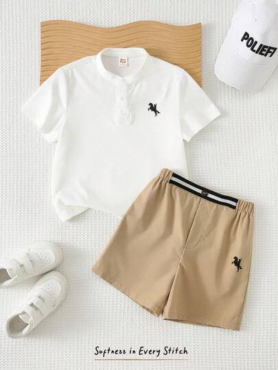 Cozy Pixies 2pcs/Set Young Boy Cartoon Horse Print Mandarin Collar Short Sleeve Polo Shirt And Elastic Waist Pants, British Style Suitable For Birthday, Wedding, Page Boy