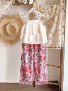Vintaside Kids 女童春夏无袖优雅上衣搭配复古数码印花长裤套装，适合旅行、度假和朋友聚会。