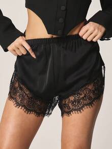 MISSGUIDED Satin Sleep Shorts With Lace Trim Elastic Waist Lounge Sleepwear Pajama Bottom Intimate Nightwear - Black - View 2