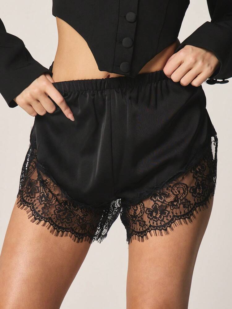MISSGUIDED Pantalones cortos de satén para dormir con borde de encaje, cintura elástica, ropa de estar en casa, pantalón de pijama, ropa interior de noche