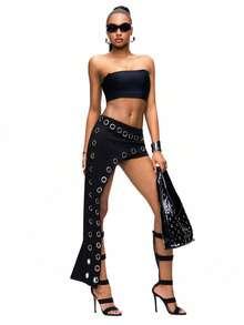 TypaGal Women's Fashion Metal Buckle Asymmetric Hem Shorts, Summer - Black - View 4