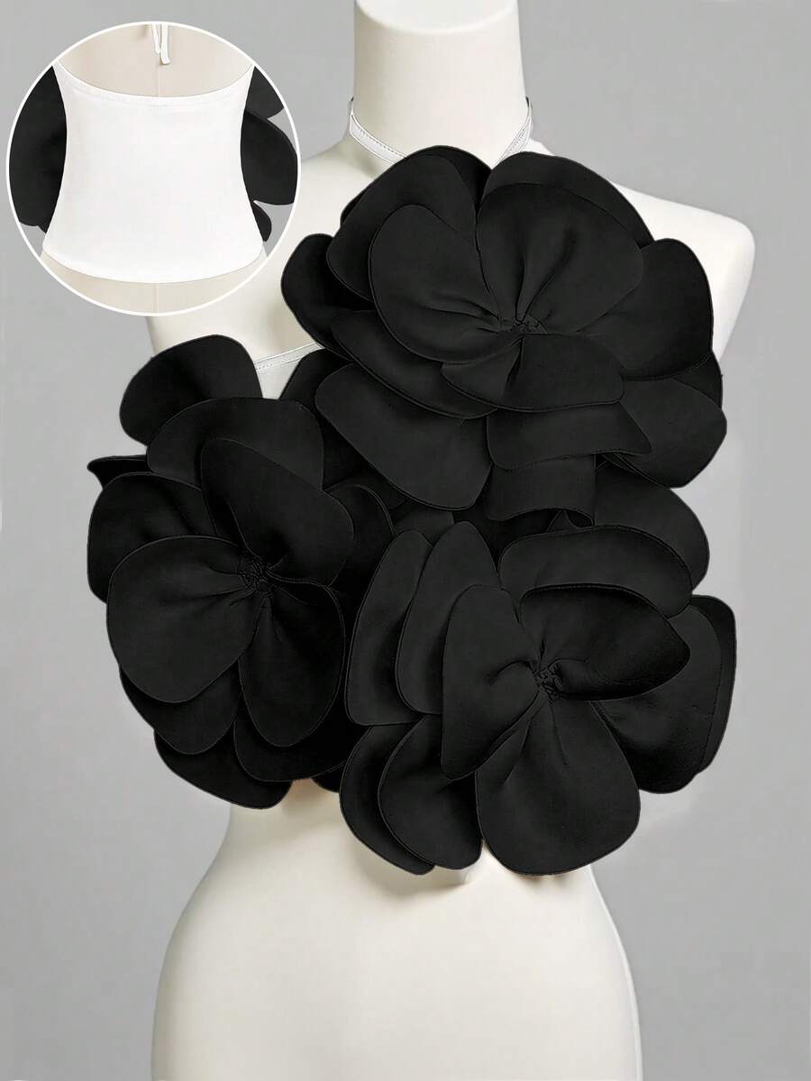 Chiquease 女士优雅情人节系带露背白色花卉装饰罗纹亲肤无袖紧身衣 - 彩色 - 查看 1