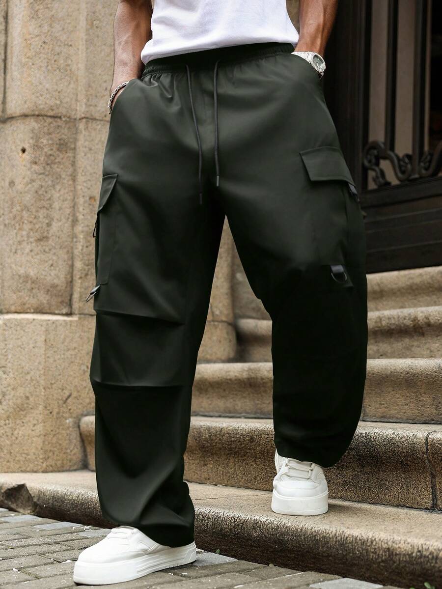 Manfinity Homme 加大码男士纯色抽绳腰褶皱阔腿宽松工装裤 男士工装宽松裤 男士工装裤 Manfinity 男士工装裤 - 深灰色 - 查看 1