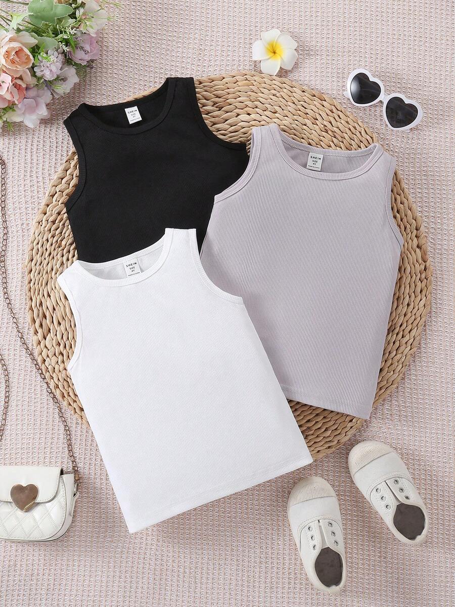 SHEIN 3pcs Young Girls' Versatile Black, White, Khaki Elastic Camisole Tops, Suitable For Casual, Daily Wear, Vacation, Summer - Multicolor - View 1