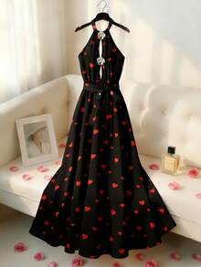 SHEIN Unity Elegant Black And Red Summer Halter Neck Long Dress,Valentine's Day Heart Print Metallic Rose Date Party Dress For Women - Black - View 1