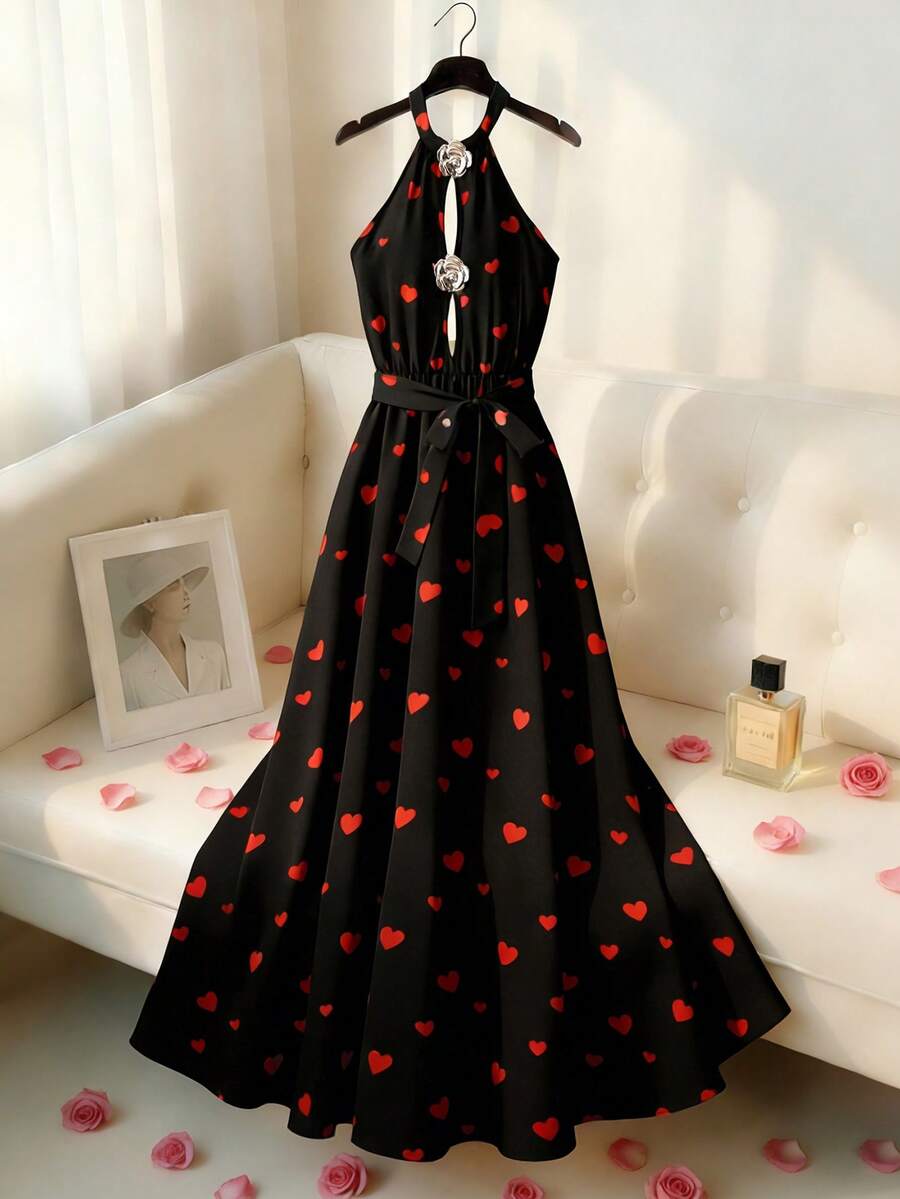 SHEIN Unity Elegant Black And Red Summer Halter Neck Long Dress,Valentine's Day Heart Print Metallic Rose Date Party Dress For Women - Black - View 1