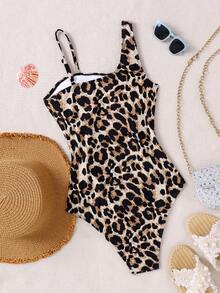 SHEIN Teen Girls' Leopard Print Off-Shoulder One-Piece Swimsuit, Cute Hollow-Out Vacation One-Piece Swimsuit, Beach Holiday, Surfing