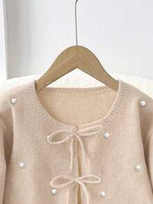 SHEIN Frenchy 休闲风格真珍珠装饰杏色女士开衫 - 彩色 - 查看 5