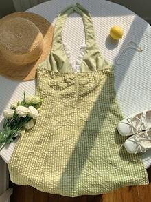 Comfortcana Đầm ngắn cổ yếm kẻ caro phối bèo nhún, nơ trang trí dành cho nữ. - màu xanh lá - Xem 2