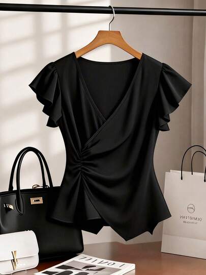 GlowEve CURVE New Plus Size Women's Elegant Solid Color Blouse, Ruffle Sleeves, Cross V-Neck, Slimming, Suitable For Spring And Autumn, Office Commute Wear, Minimalist And Graceful