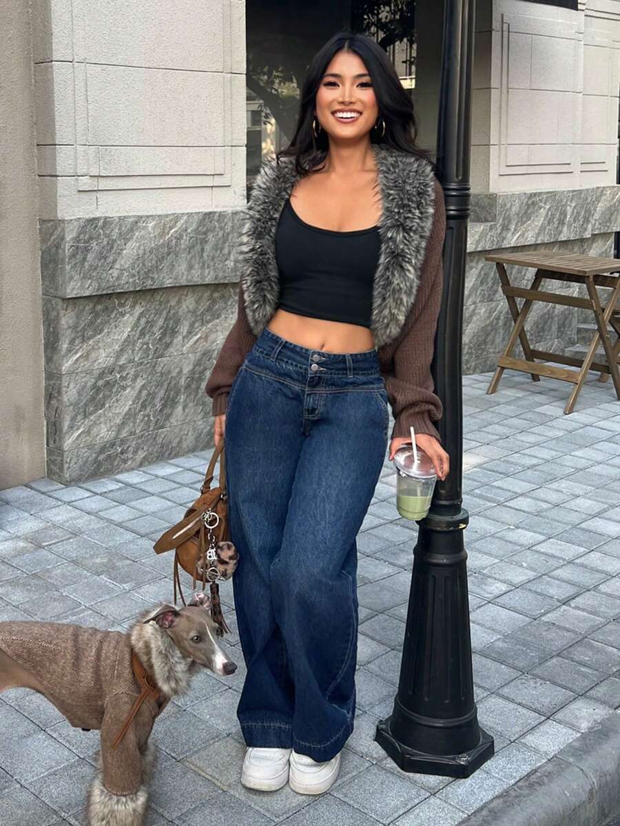 SHEIN PETITE 女士休闲时尚街头风日常通勤简约百搭低腰宽松阔腿牛仔裤 - 藍色 - 查看 1