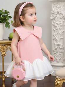 SHEIN Baby Girls' Cute Butterfly Collar Matching White Chiffon Hem Pink Dress, Suitable For Everyday Cute & Elegant Outfit - Multicolor - View 12