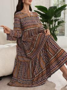 Lacomfia Casual Print Round Neck Cutout Long Sleeve Layered Loose Regular Midi Dress For Women, Spring/Autumn - Multicolor - View 1