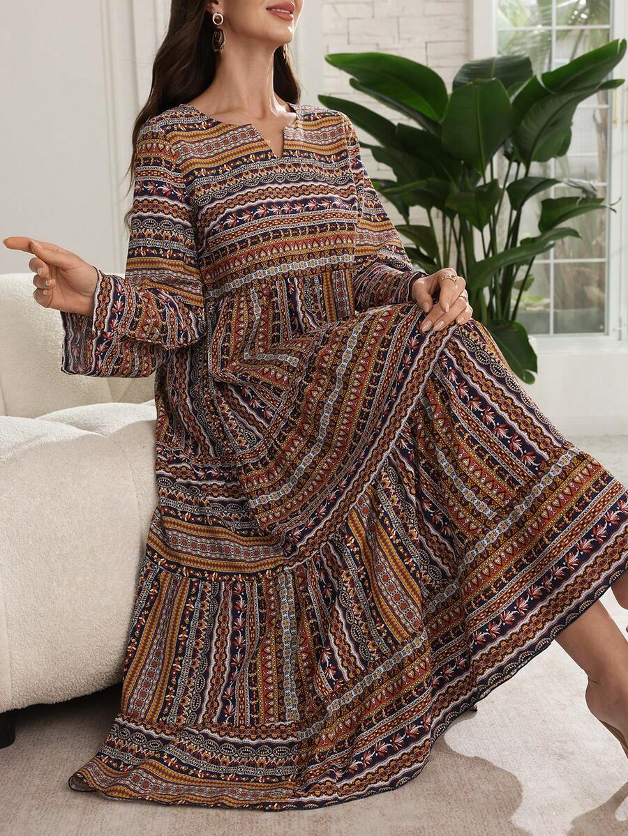 Lacomfia Casual Print Round Neck Cutout Long Sleeve Layered Loose Regular Midi Dress For Women, Spring/Autumn - Multicolor - View 1