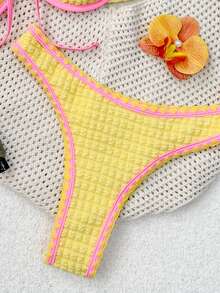 Swim Mod 泡泡面料女士泳衣套装，撞色花卉饰边 - 黃色 - 查看 5
