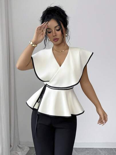 Siren Gaze New Contrast Trim Sleeveless Fitted Shirt For Women Summer Elegant Peplum Top Women White Elegant Top,Modest Top