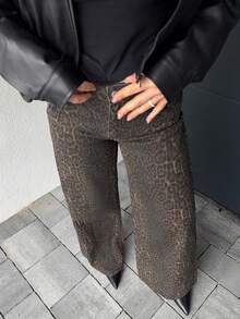 Jeta Ari 女式豹紋寬腿休閒牛仔褲，附有口袋 - 卡其色 - 查看 3